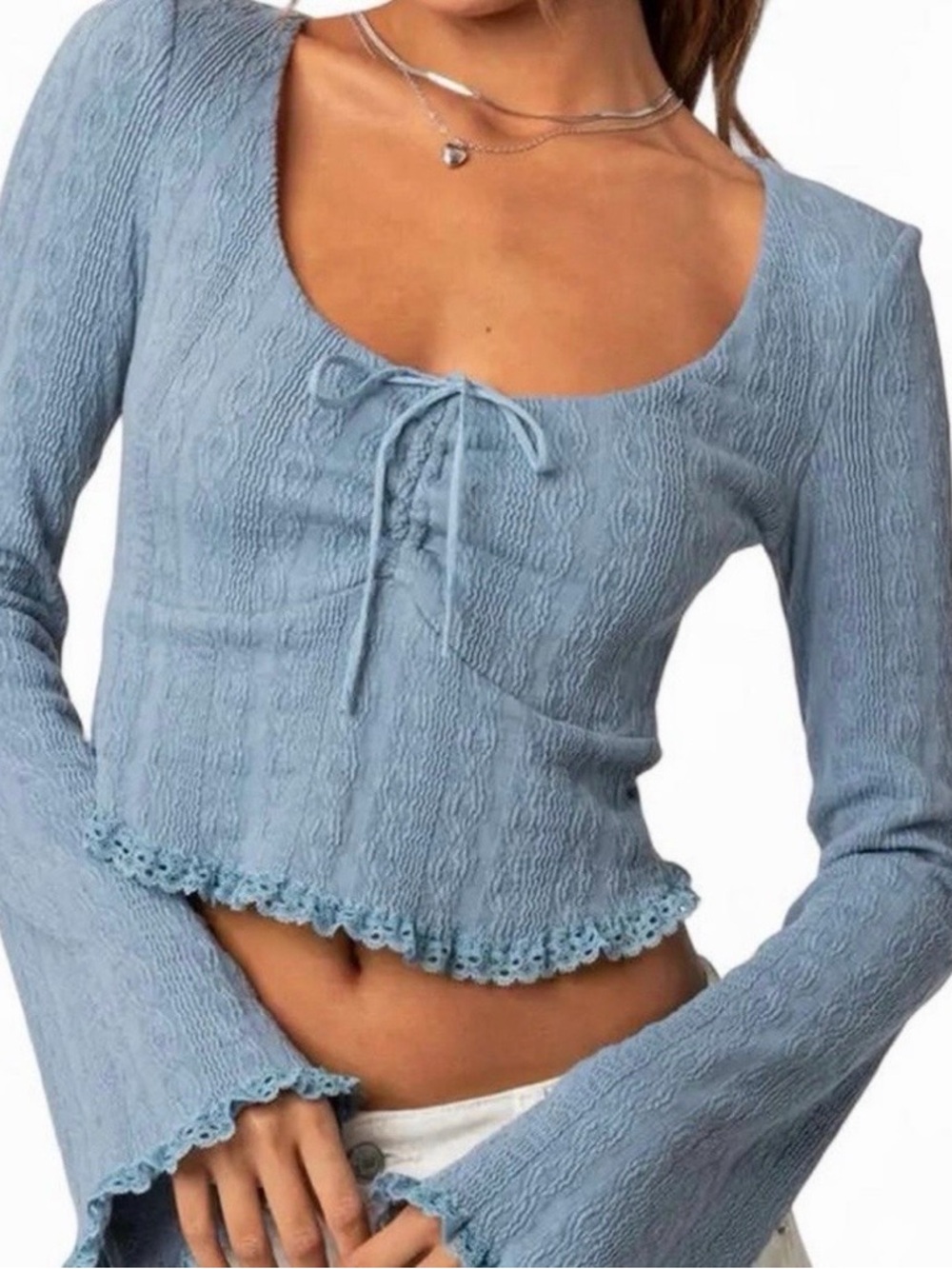 Edikted Lacey Ruched Bell Sleeve Stretch Cotton Crop Top